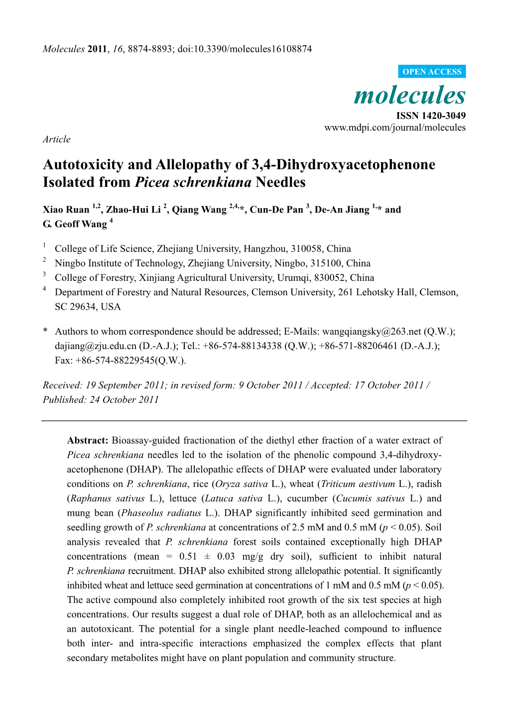 Autotoxicity and Allelopathy of 3,4-Dihydroxyacetophenone Isolated from Picea Schrenkiana Needles