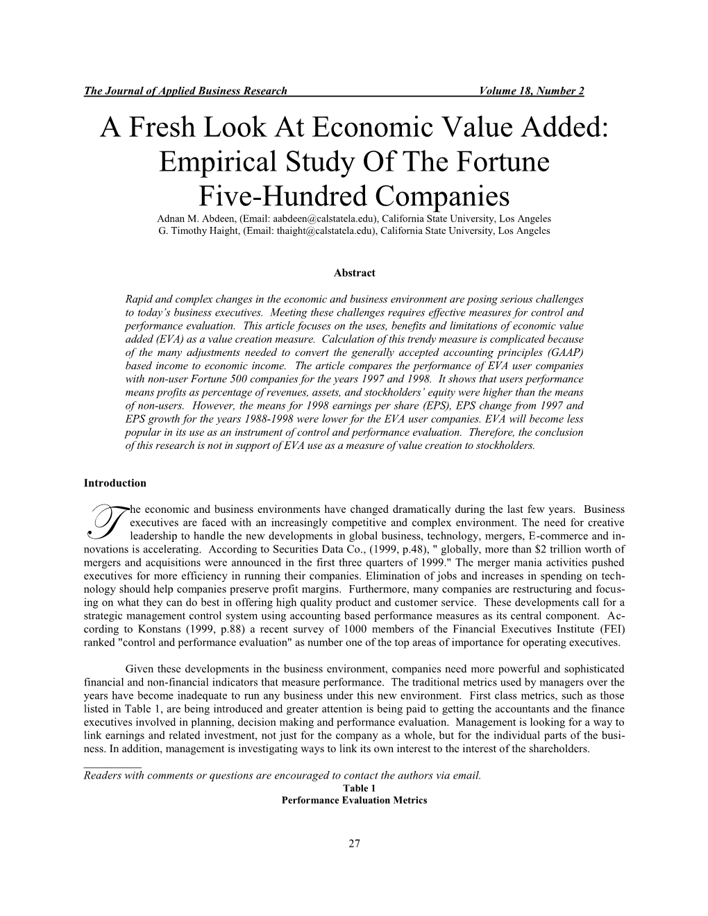 A Fresh Look at Economic Value Added: Empirical Study of the Fortune Five-Hundred Companies Adnan M