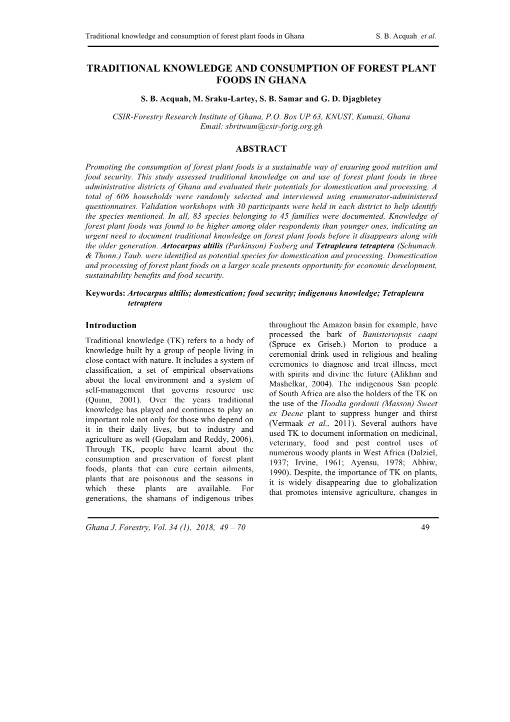 Traditional Knowledge and Consumption of Forest Plant Foods in Ghana S