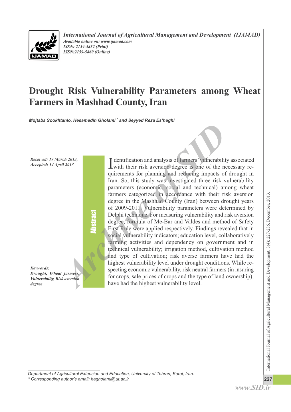 Drought Risk Vulnerability Parameters Among Wheat Farmers in Mashhad