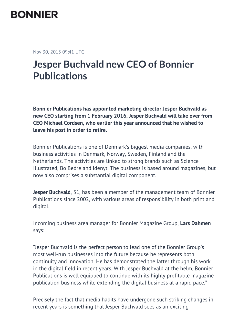 Jesper Buchvald New CEO of Bonnier Publications