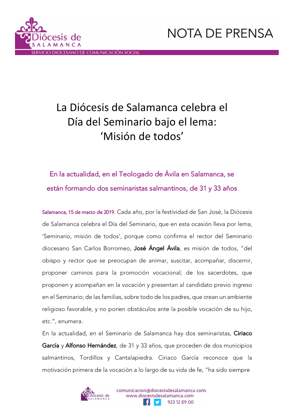 La Diócesis De Salamanca Celebra El Día Del Seminario Bajo El Lema: ‘Misión De Todos’