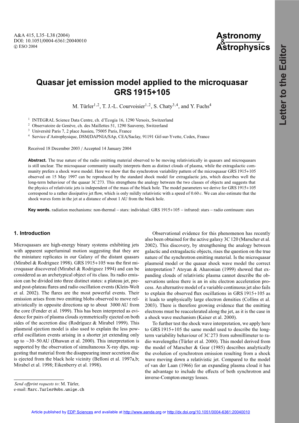 Quasar Jet Emission Model Applied to the Microquasar GRS 1915+105