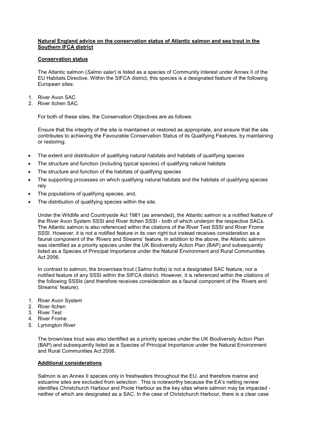 Natural England Advice on the Conservation Status of Atlantic Salmon and Sea Trout in the Southern IFCA District Conservation St