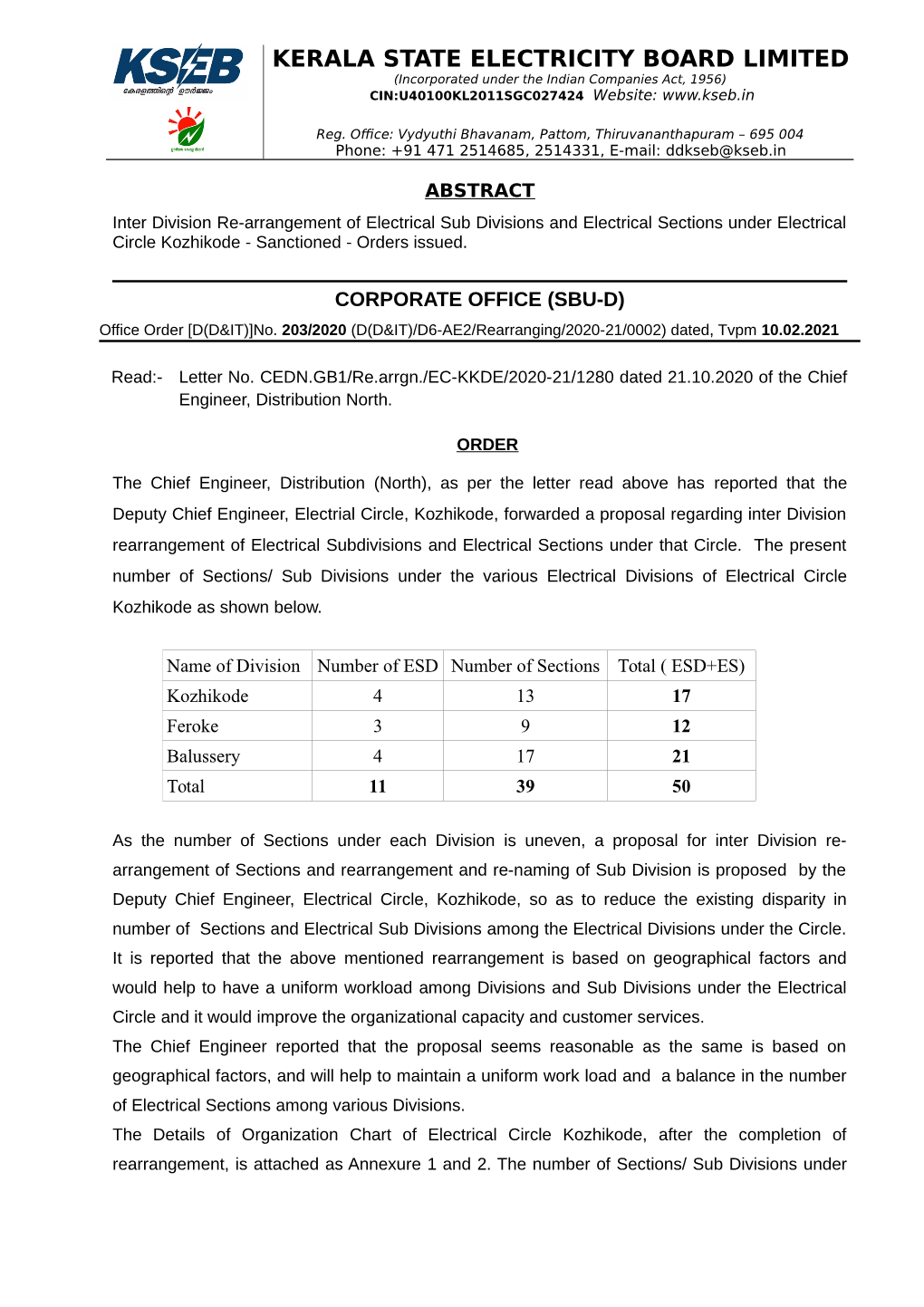 KERALA STATE ELECTRICITY BOARD LIMITED (Incorporated Under the Indian Companies Act, 1956) CIN:U40100KL2011SGC027424 Website