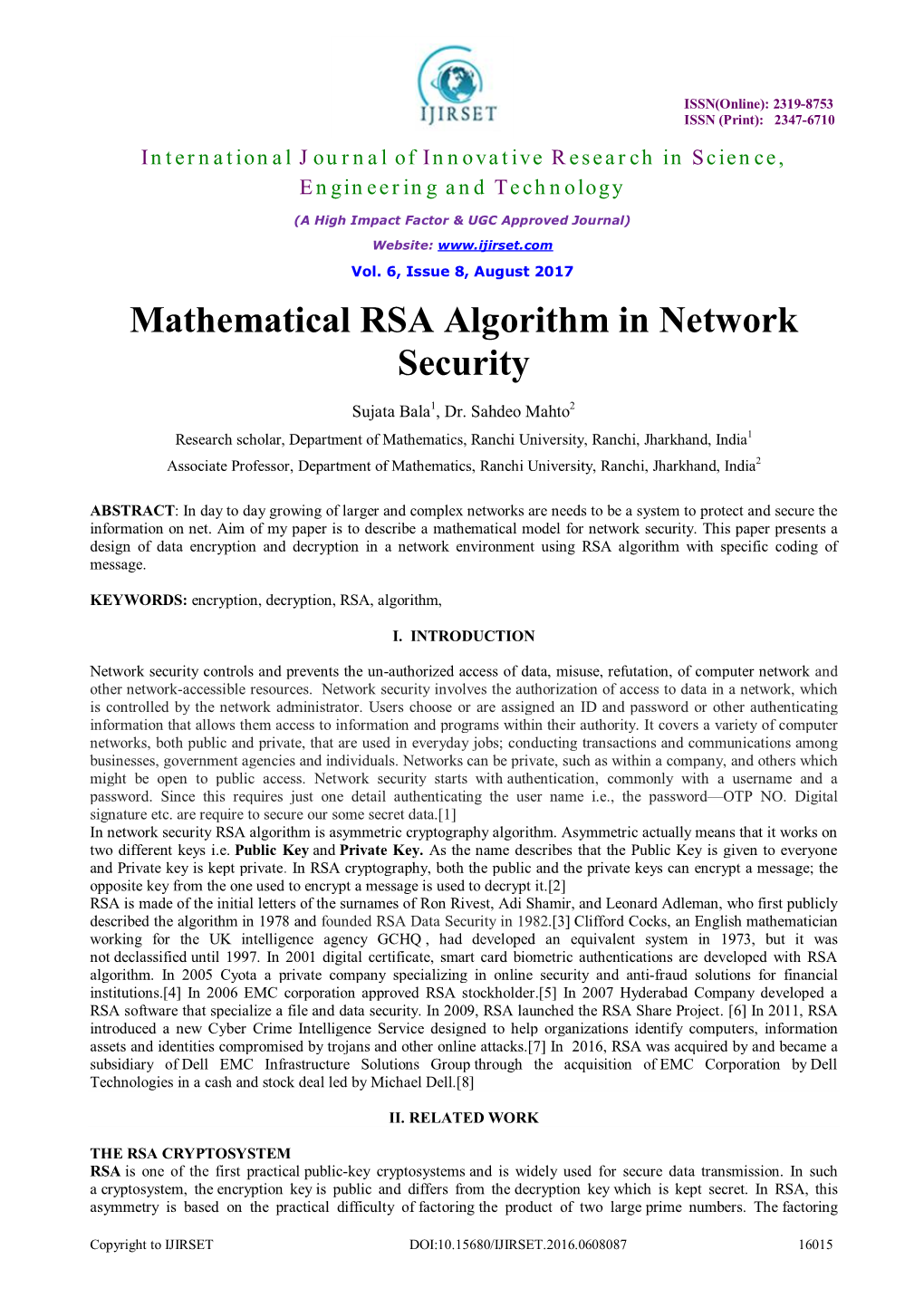 Mathematical RSA Algorithm in Network Security