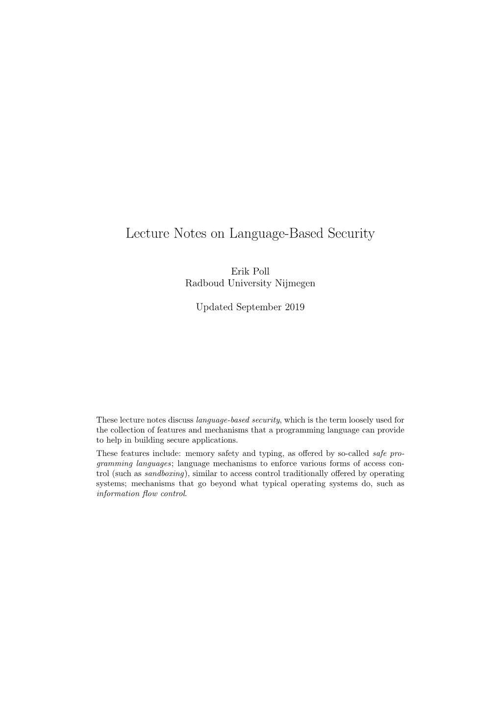 Lecture Notes on Language-Based Security