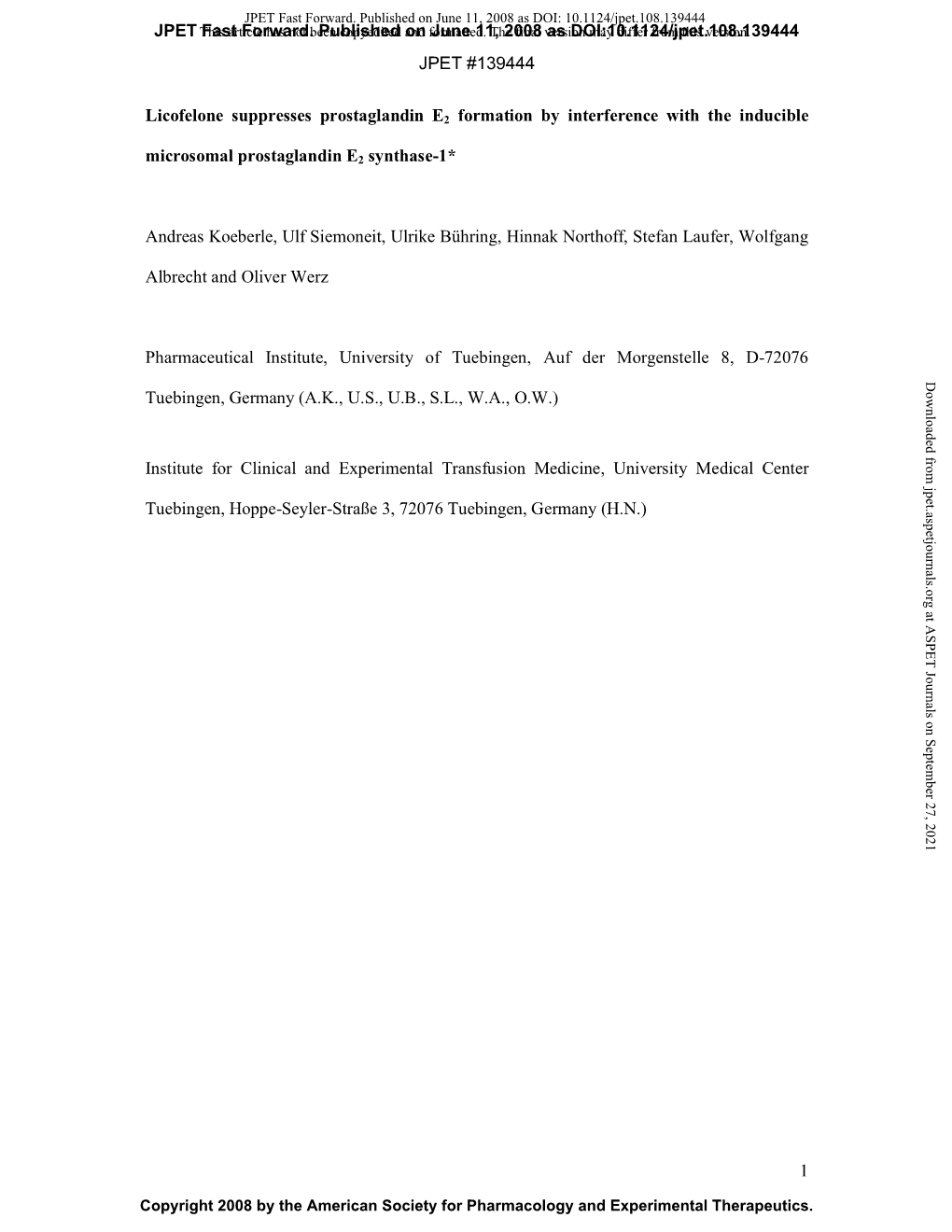 JPET #139444 1 Licofelone Suppresses Prostaglandin E2