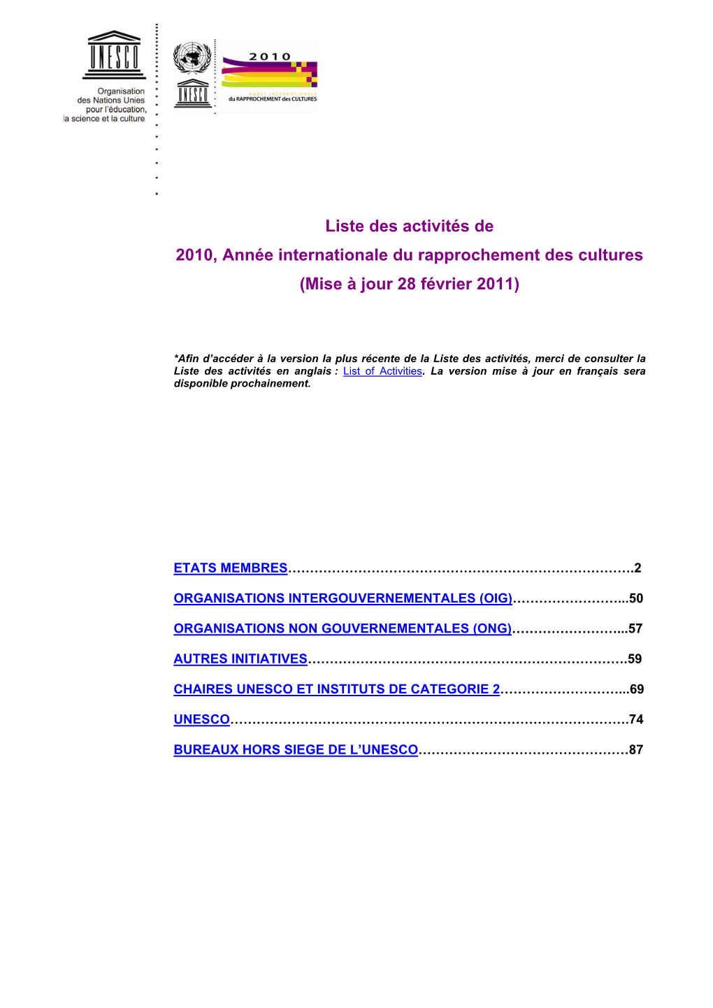 Liste Des Activités De 2010, Année Internationale Du Rapprochement Des Cultures (Mise À Jour 28 Février 2011)