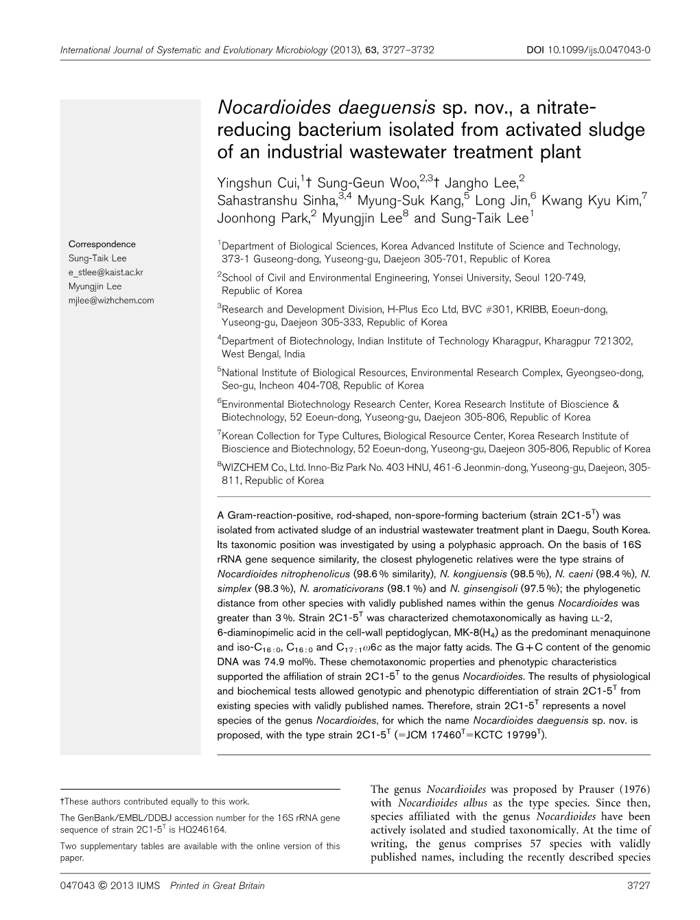 Nocardioides Daeguensis Sp. Nov., a Nitrate- Reducing Bacterium Isolated from Activated Sludge of an Industrial Wastewater Treatment Plant