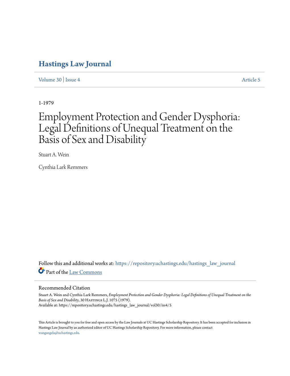 Employment Protection and Gender Dysphoria: Legal Definitions of Unequal Treatment on the Basis of Sex and Disability Stuart A