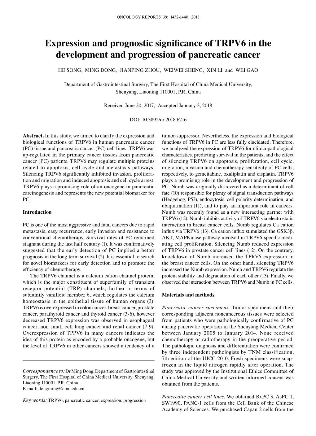 Expression and Prognostic Significance of TRPV6 in the Development and Progression of Pancreatic Cancer