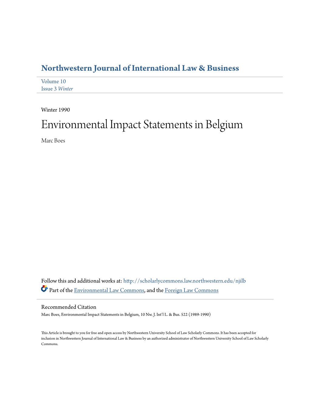 Environmental Impact Statements in Belgium Marc Boes