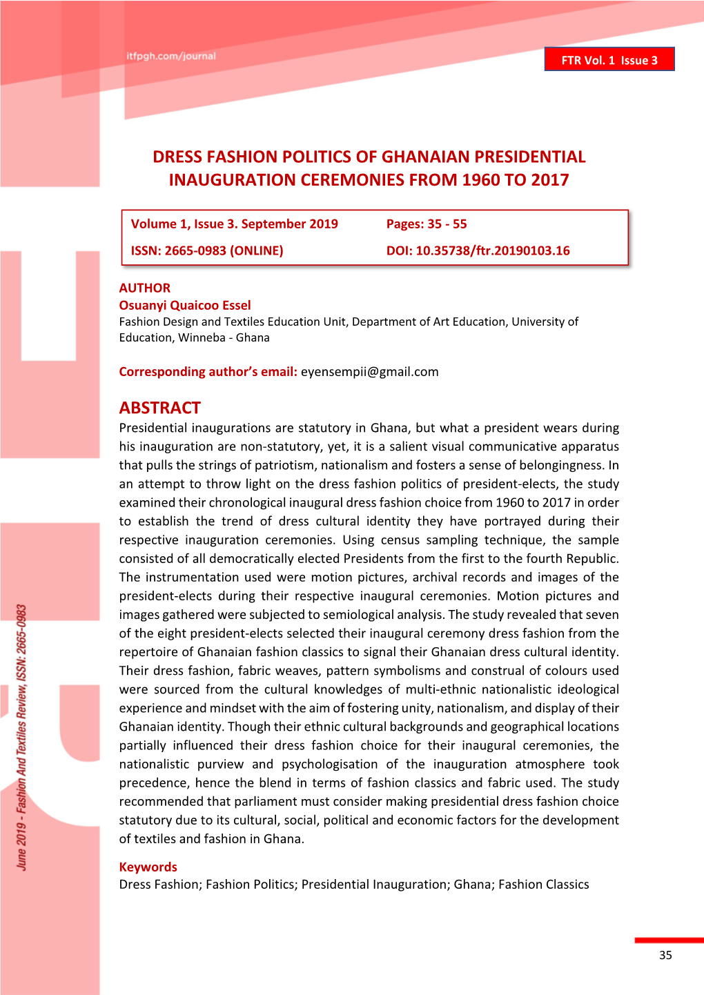 Dress Fashion Politics of Ghanaian Presidential Inauguration Ceremonies from 1960 to 2017