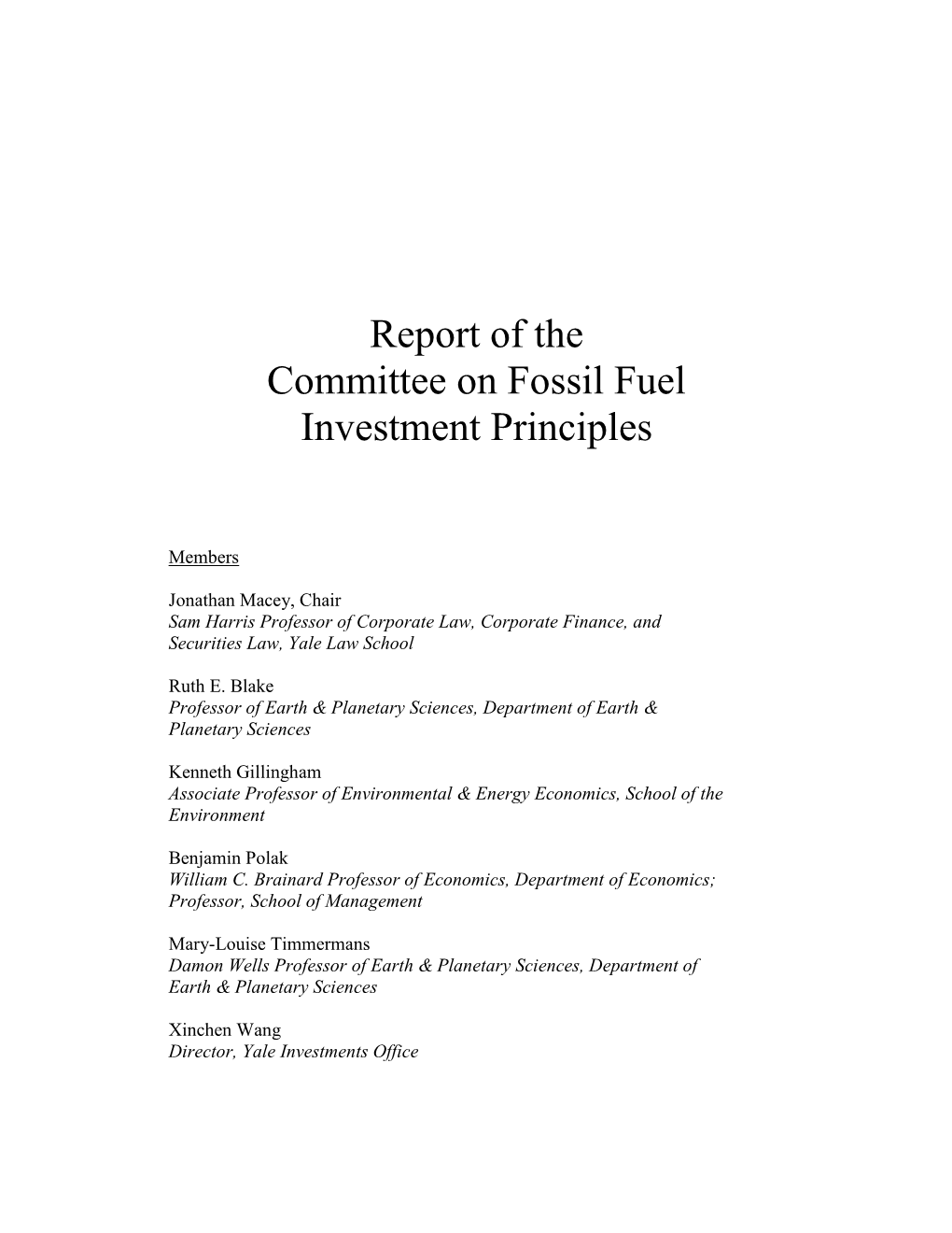 Report of the Committee on Fossil Fuel Investment Principles