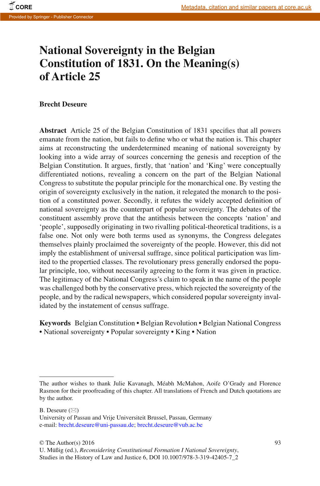 National Sovereignty in the Belgian Constitution of 1831. on the Meaning(S) of Article 25