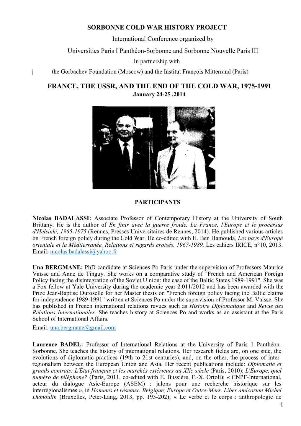 FRANCE, the USSR, and the END of the COLD WAR, 1975-1991 January 24-25 ,2014