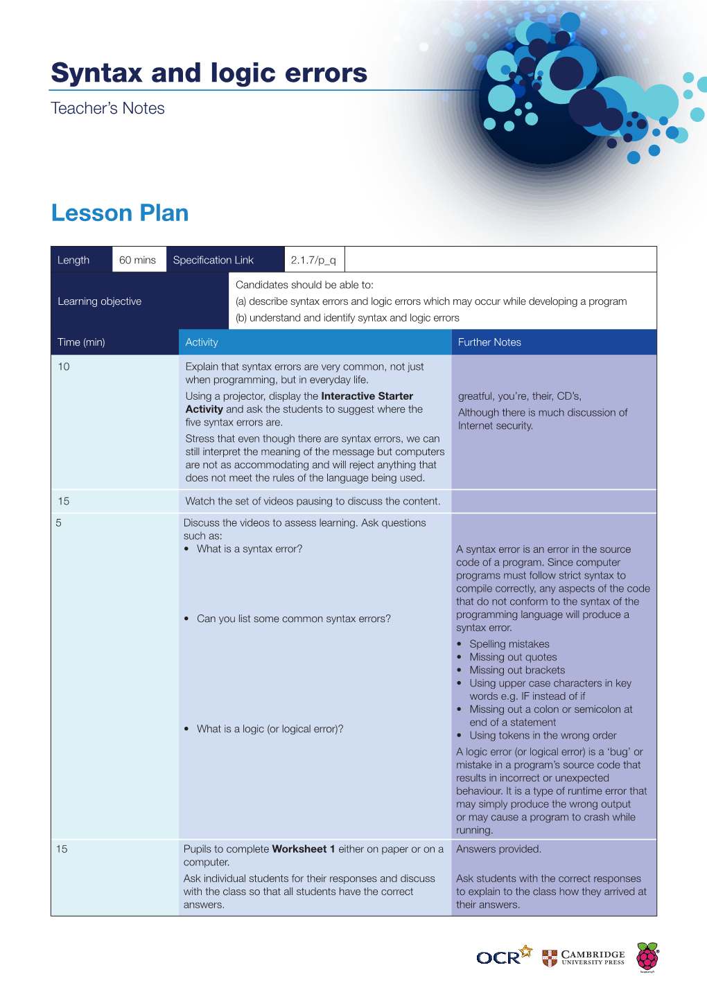 Syntax and Logic Errors Teacher’S Notes