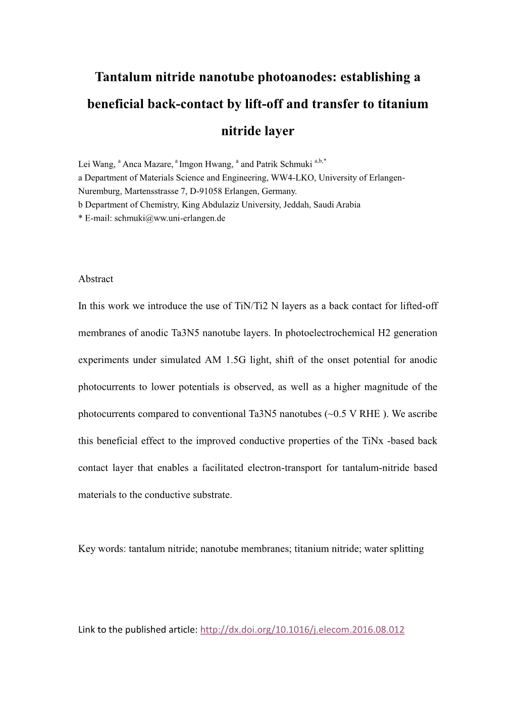 Tantalum Nitride Nanotube Photoanodes: Establishing a Beneficial Back-Contact by Lift-Off and Transfer to Titanium Nitride Layer