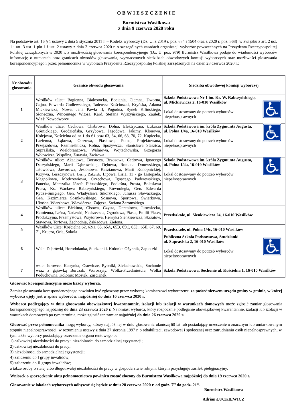 OBWIESZCZENIE Burmistrza Wasilkowa Z Dnia 9 Czerwca 2020