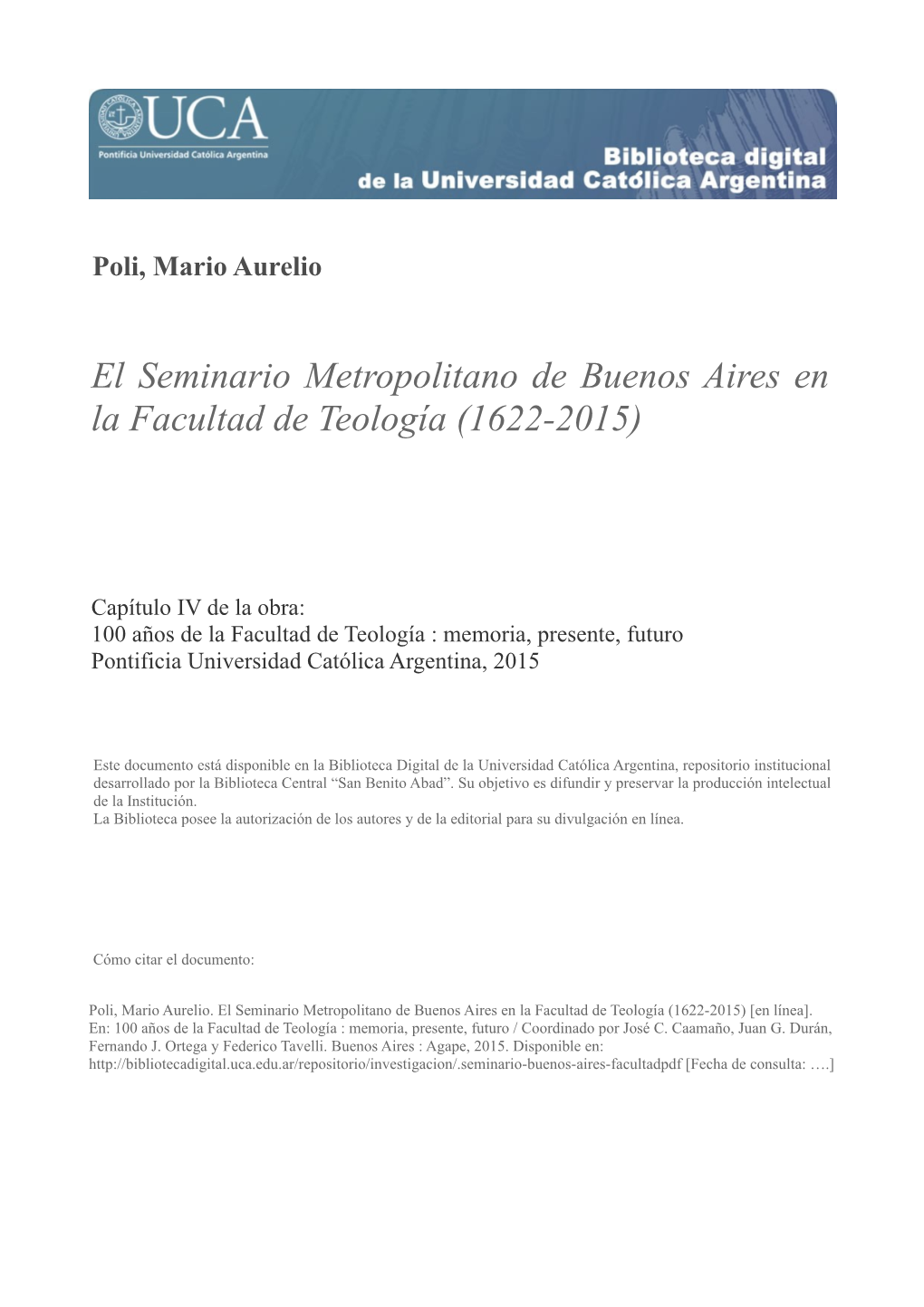 El Seminario Metropolitano De Buenos Aires En La Facultad De Teología (1622-2015)