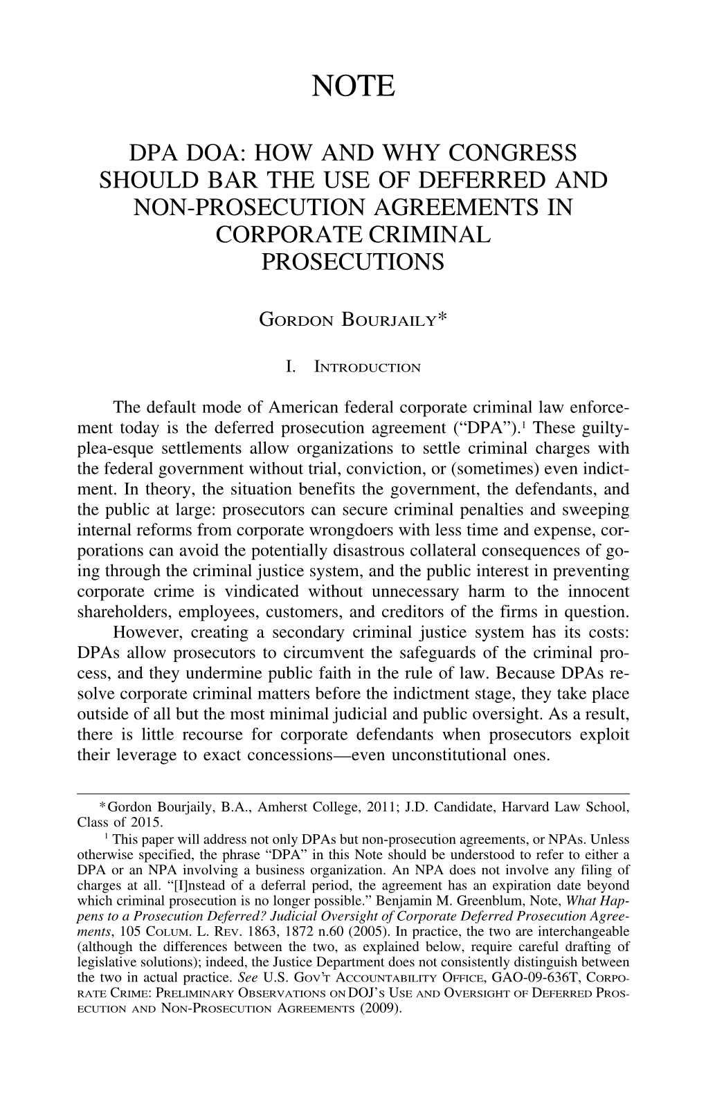 Dpa Doa: How and Why Congress Should Bar the Use of Deferred and Non-Prosecution Agreements in Corporate Criminal Prosecutions