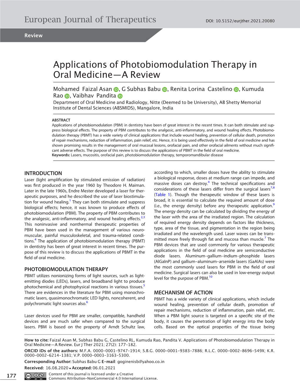 Applications of Photobiomodulation Therapy in Oral Medicine—A Review