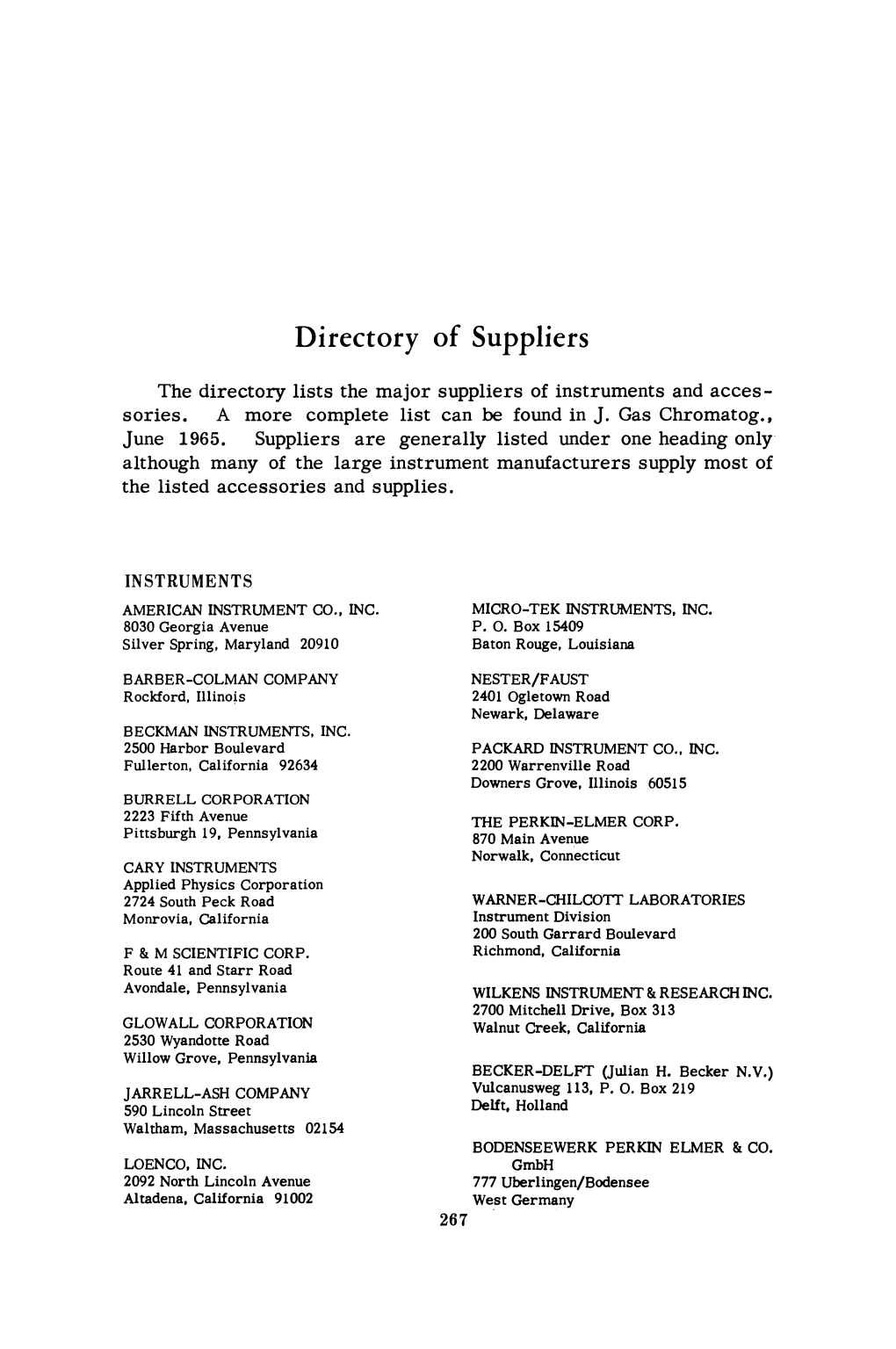 Directory of Suppliers