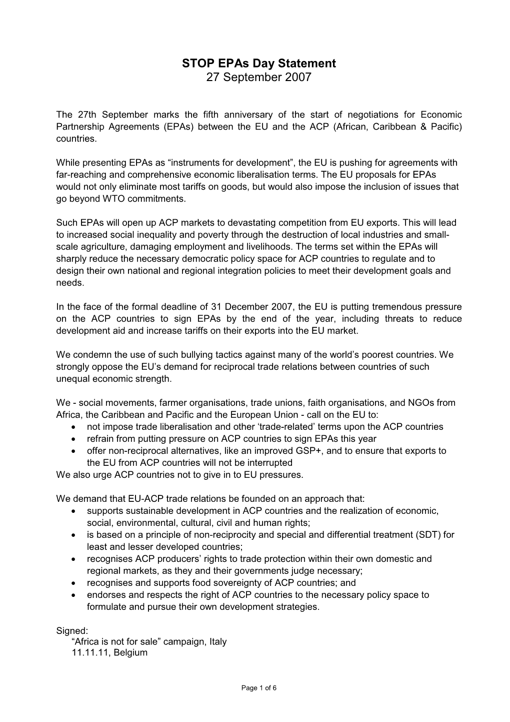 STOP Epas Day Statement 27 September 2007