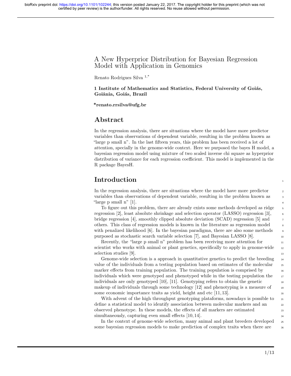 A New Hyperprior Distribution for Bayesian Regression Model with Application in Genomics