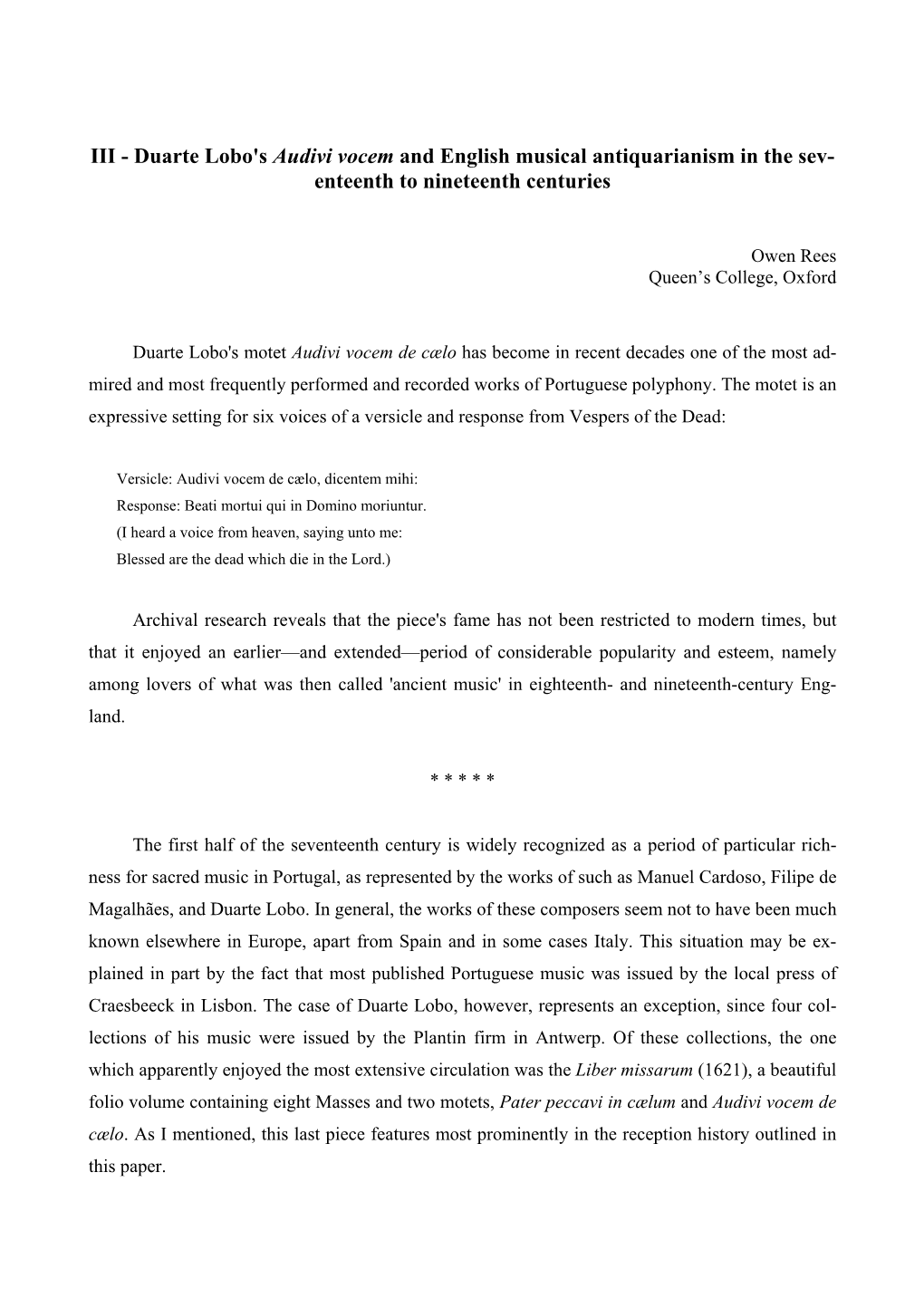 III - Duarte Lobo's Audivi Vocem and English Musical Antiquarianism in the Sev- Enteenth to Nineteenth Centuries