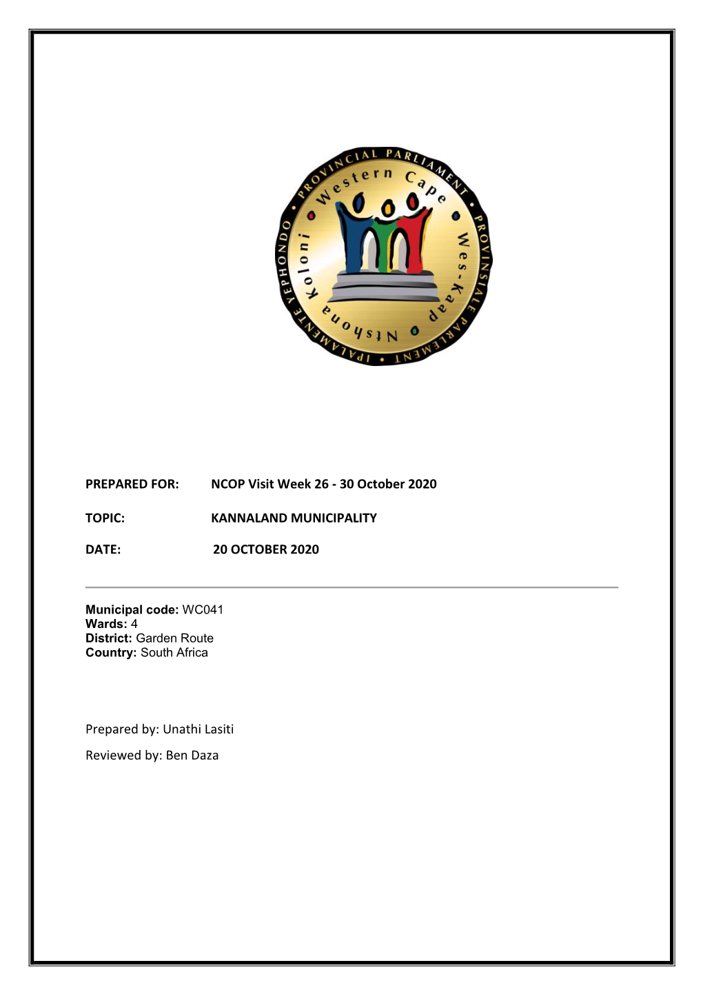 Kannaland Municipality Date