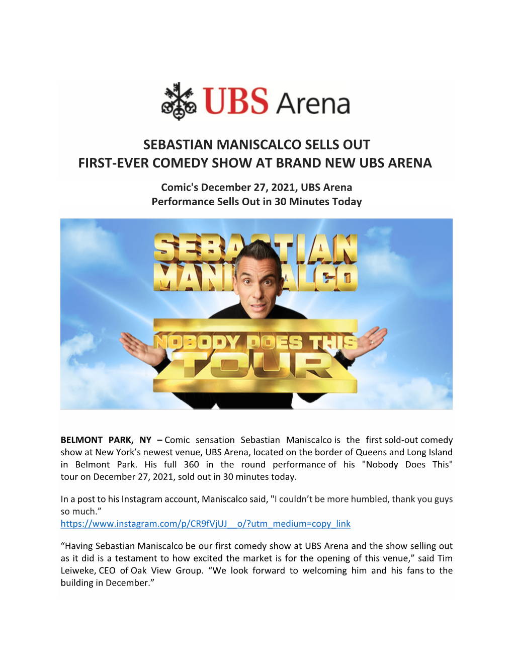 Sebastian Maniscalco Sells out First-Ever Comedy Show at Brand New Ubs Arena