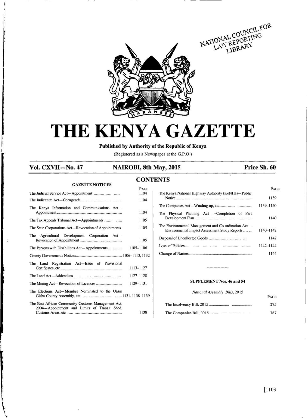 THE KENYA GAZETTE Published by Authority of the Republic of Kenya (Registered As a Newspaperat the G.P.O.)