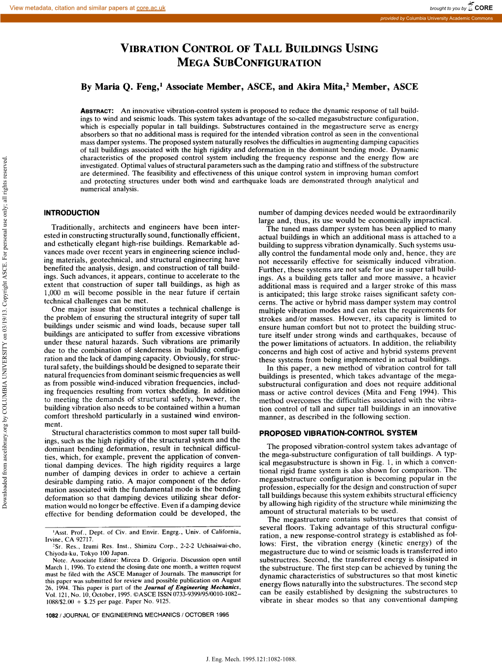 Vibration Control of Tall Buildings Using Mega Subconfiguration