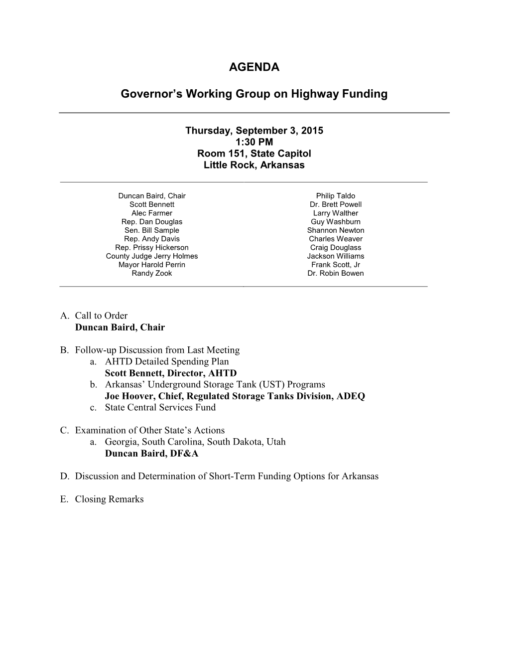 AGENDA Governor's Working Group on Highway Funding