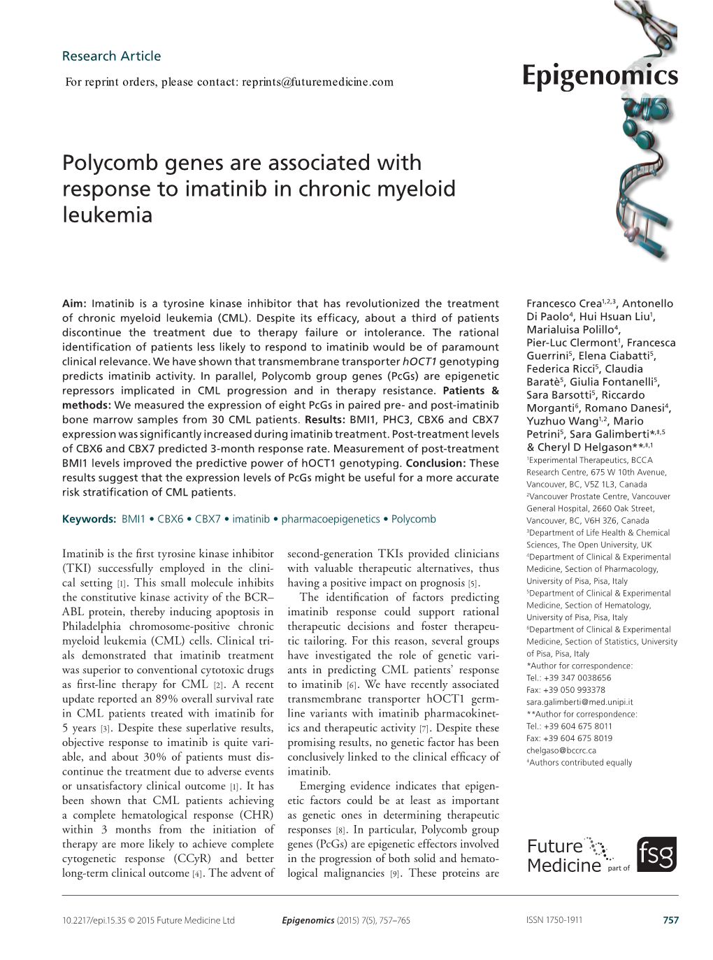 Polycomb Genes Are Associated with Response to Imatinib in Chronic Myeloid Leukemia