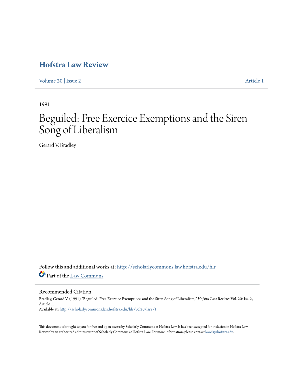 Free Exercice Exemptions and the Siren Song of Liberalism Gerard V