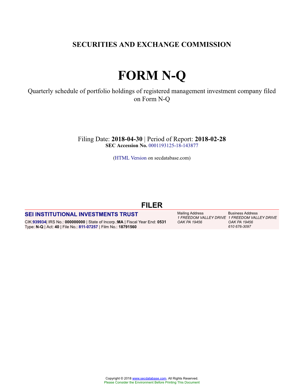 SEI INSTITUTIONAL INVESTMENTS TRUST Form N-Q Filed 2018-04-30