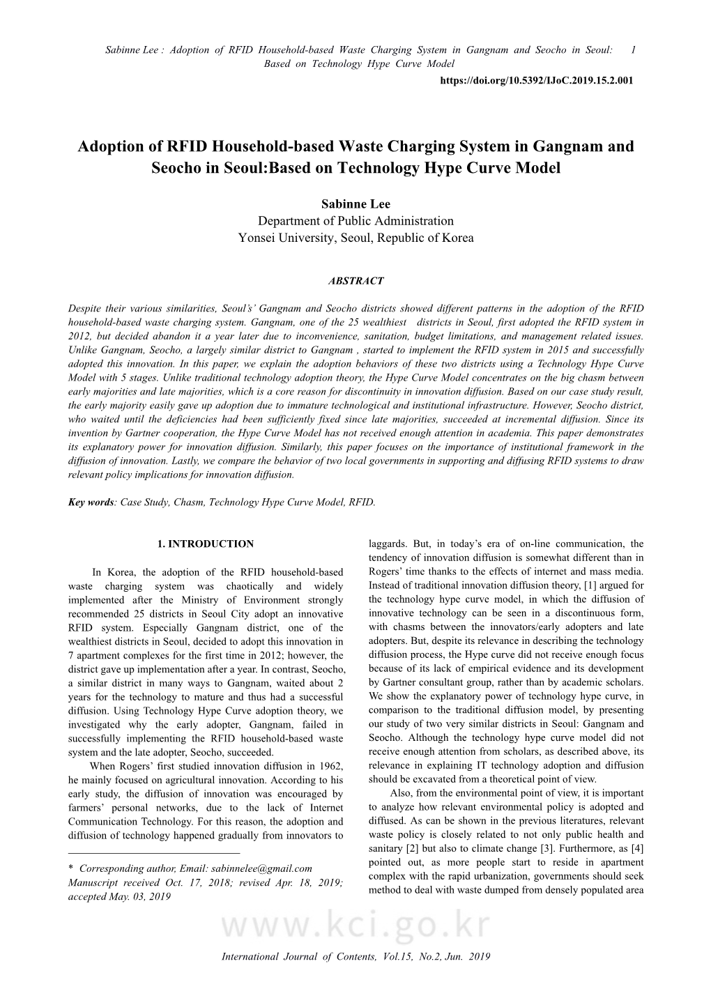 Adoption of RFID Household-Based Waste Charging System in Gangnam and Seocho in Seoul: 1