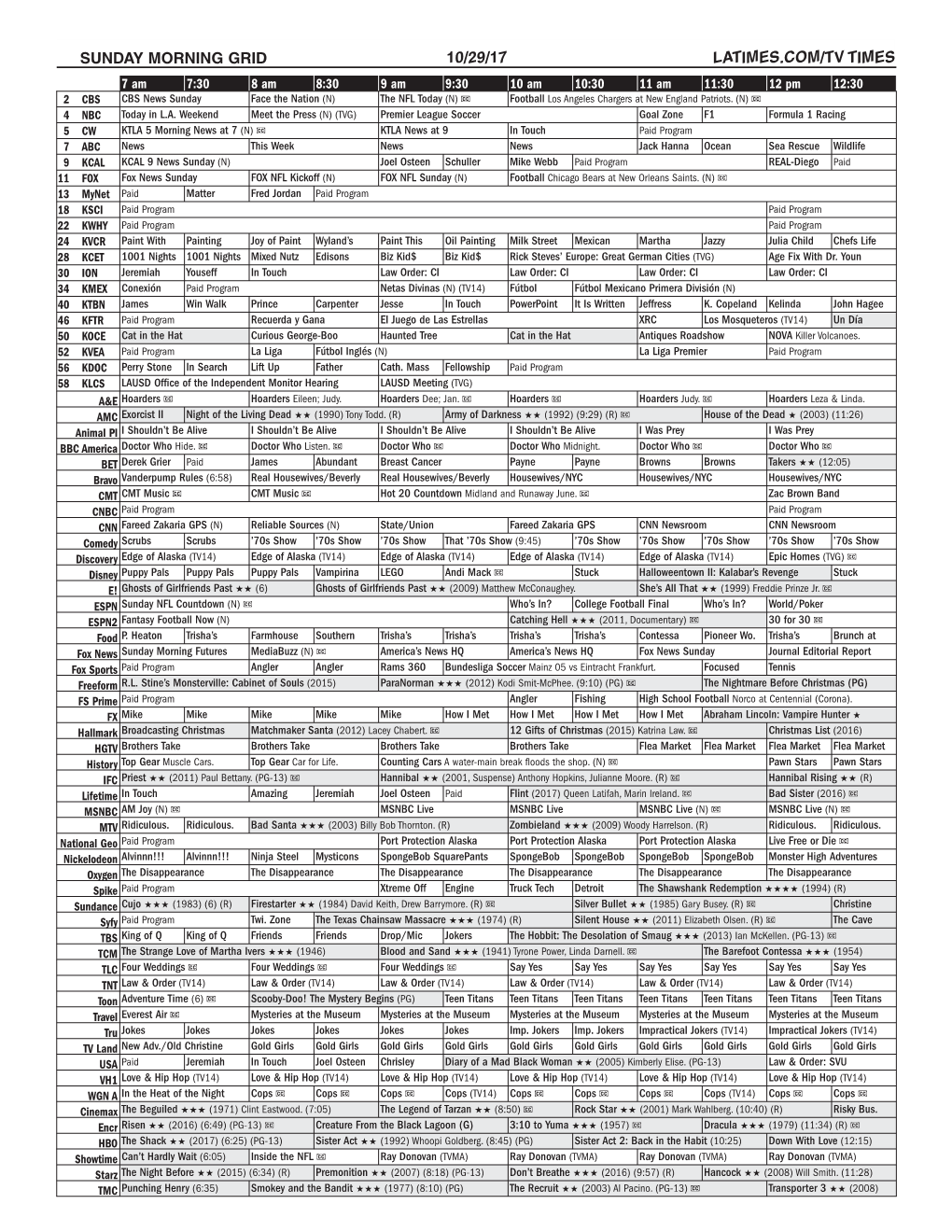 Sunday Morning Grid 10/29/17 Latimes.Com/Tv Times