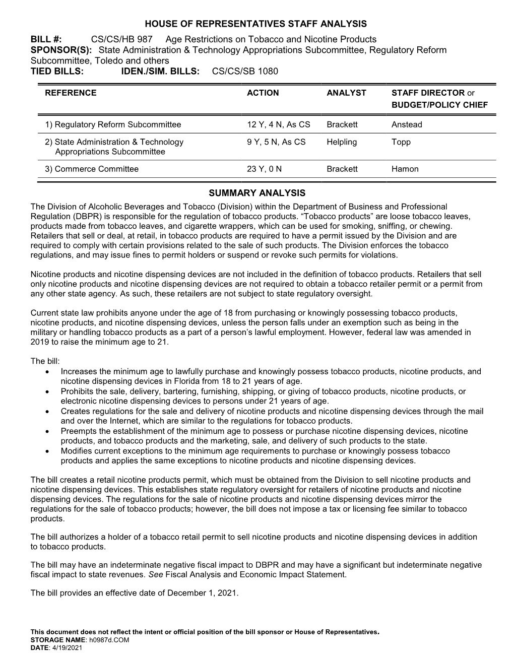 House of Representatives Staff Analysis