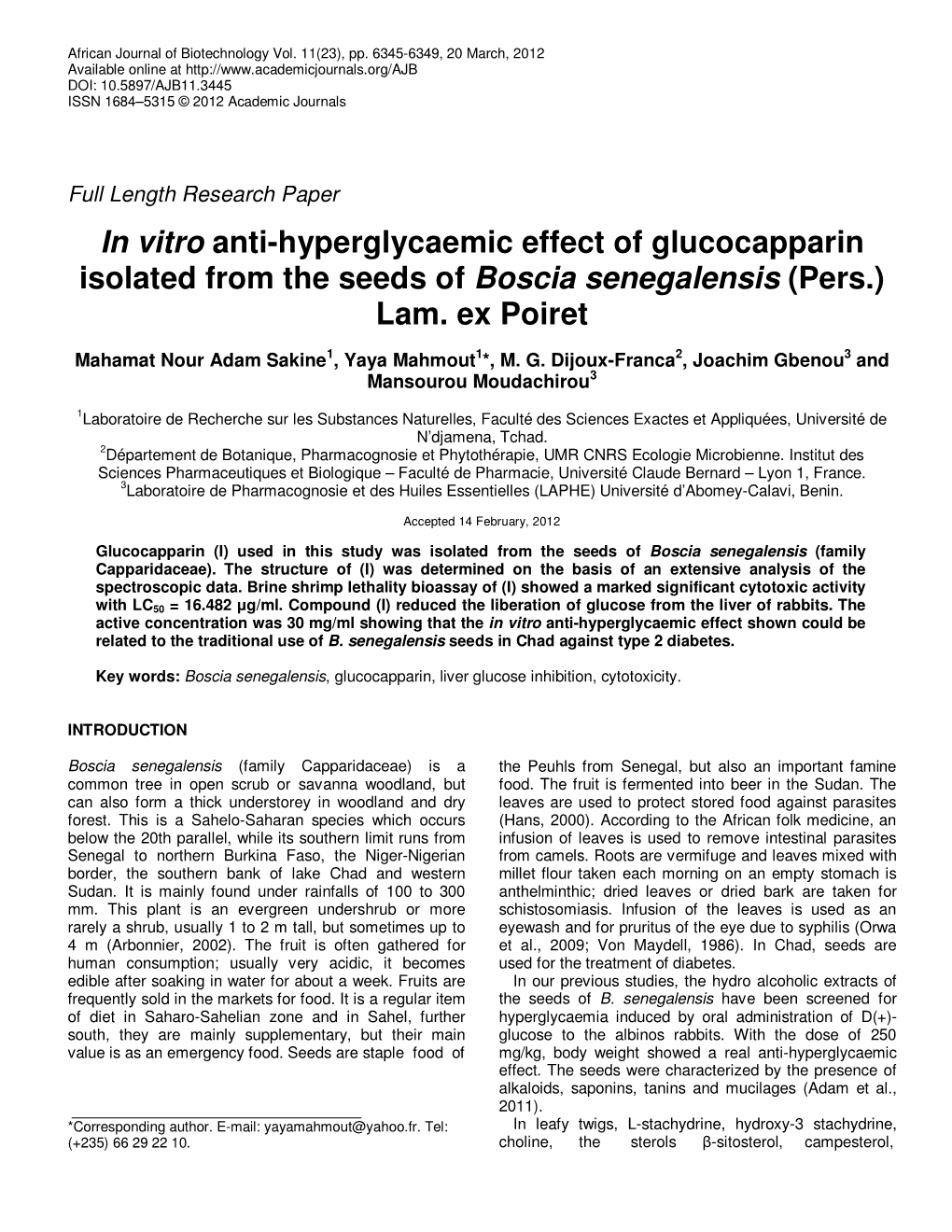 In Vitro Anti-Hyperglycaemic Effect of Glucocapparin Isolated from the Seeds of Boscia Senegalensis (Pers.) Lam