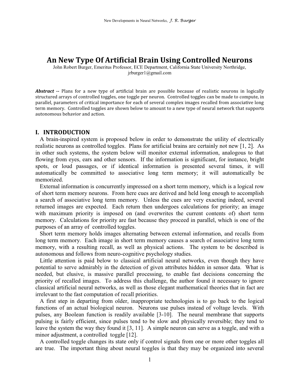 An New Type of Artificial Brain Using Controlled Neurons