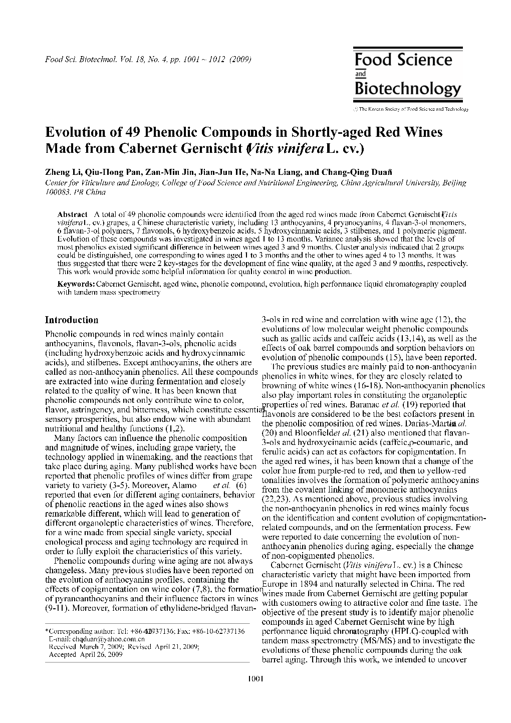 Evolution of 49 Phenolic Compounds in Shortly-Aged Red Wines Made from Cabernet Gernischt (Vitis Vinifera L