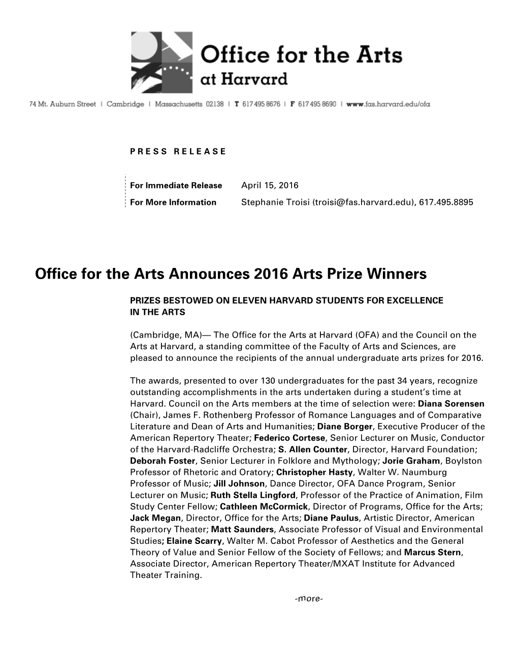 Office for the Arts Announces 2016 Arts Prize Winners