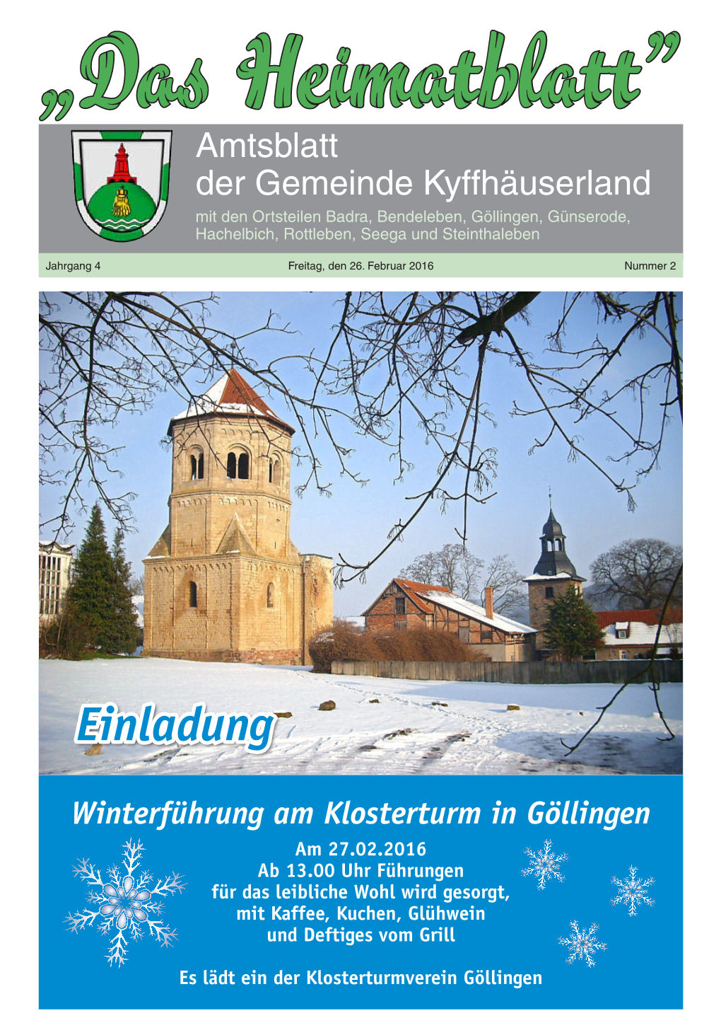 Nr. 2/2016 Veranstaltungskalender Der Gemeinde Kyffhäuserland (Änderungen Vorbehalten) Februar