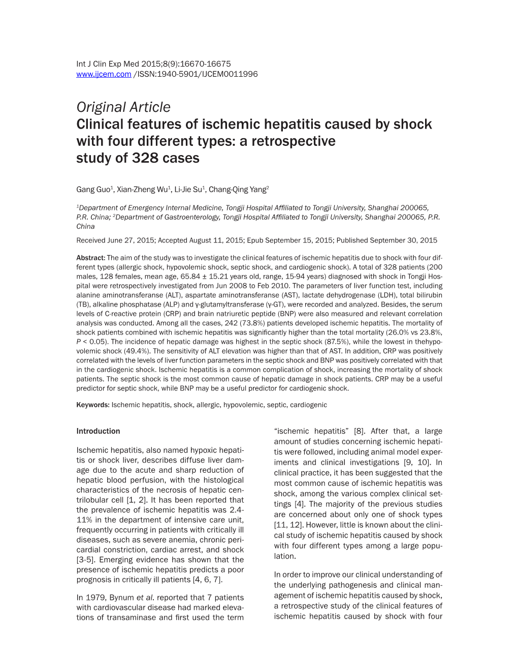 Original Article Clinical Features of Ischemic Hepatitis Caused by Shock with Four Different Types: a Retrospective Study of 328 Cases
