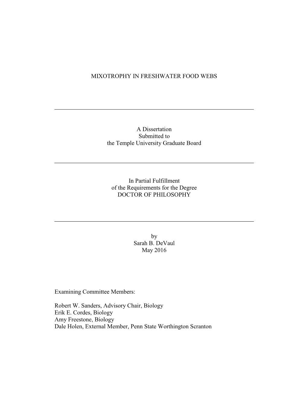 MIXOTROPHY in FRESHWATER FOOD WEBS a Dissertation