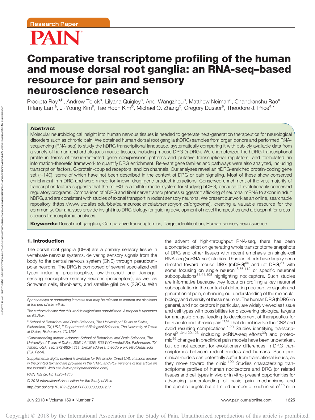 Comparative Transcriptome Profiling of the Human and Mouse Dorsal Root